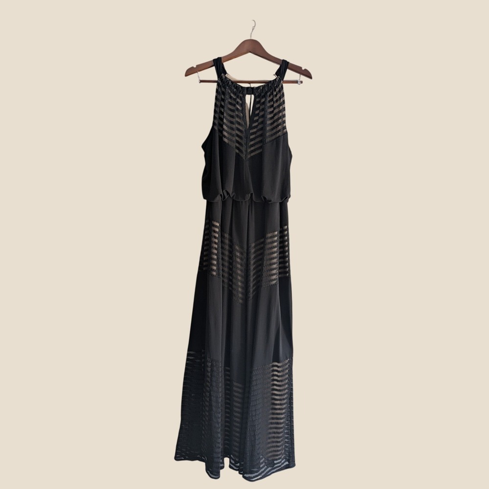 London Times Black Mesh Chevron Maxi Dress Womens 14 Halter Neck Evening Gown